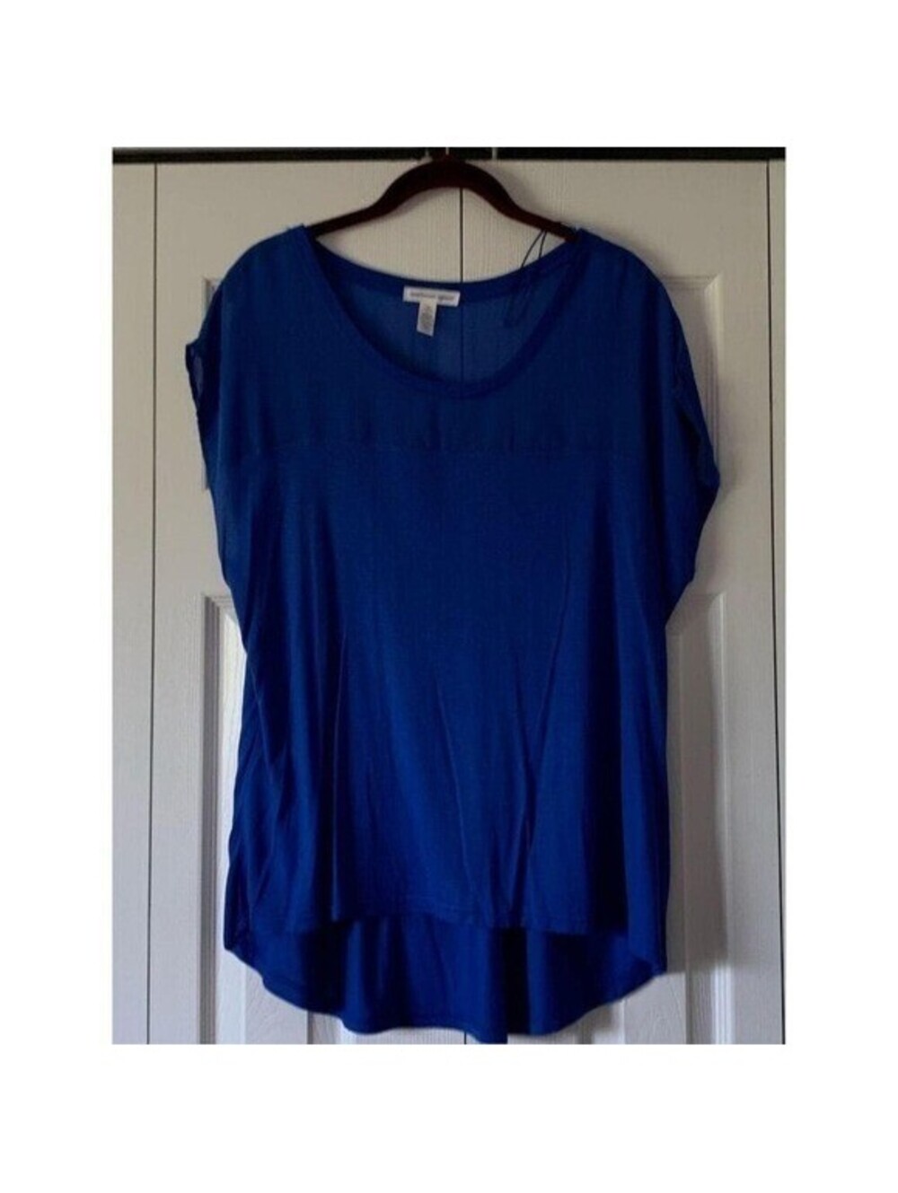 Ambiance Apparel Womens Blue Tunic Top Mixed Media Sheer Yoke 1X 65581XL